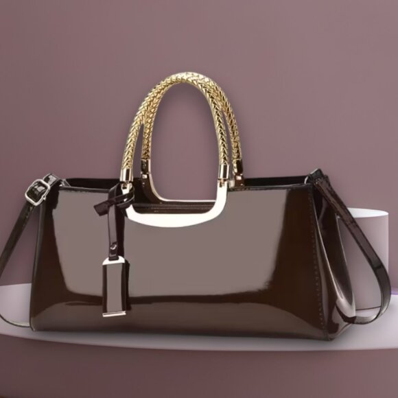 Brown Patent Leather Handbag With Gold Braided Handles - Picture 1 of 3